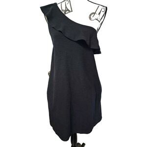 LOFT BLACK ONE SHOULDER RUFFLE DRESS WITH POCKETS Size MEDIUM‎